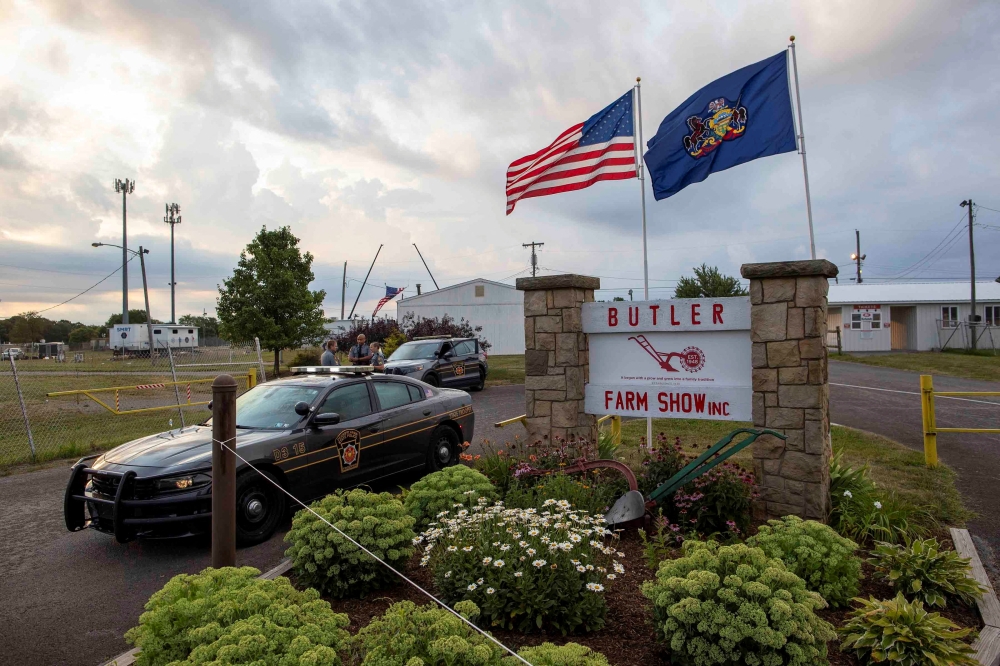 A state trooper car blocks the entrance to the event grounds to investigate into gunfire at a campaign rally of Republican presidential candidate and former U.S. President Donald Trump in Butler, Pennsylvania. — Reuters 