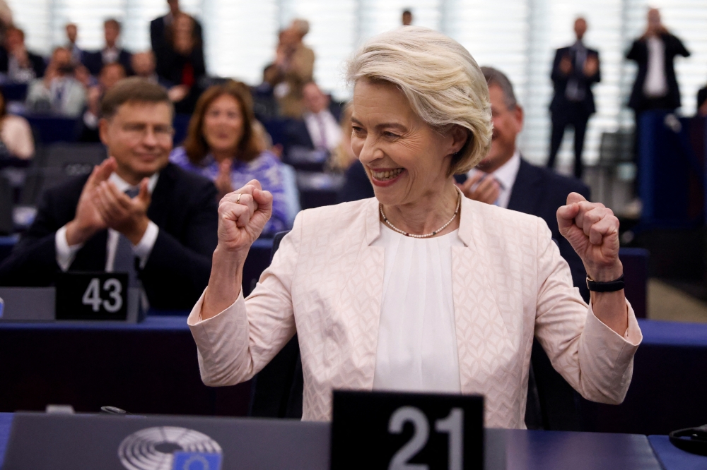 Ursula von der Leyen reacts after being chosen President of the European Commission for a second term, at the European Parliament in Strasbourg. - Reuters