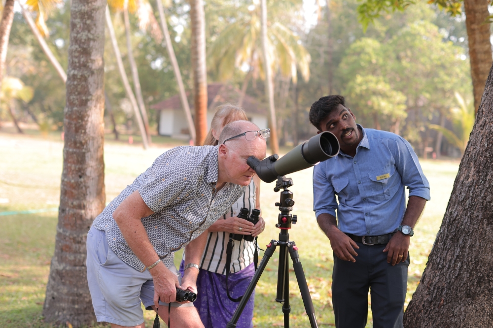 Guests spotting owls during owl walk with Vishnu