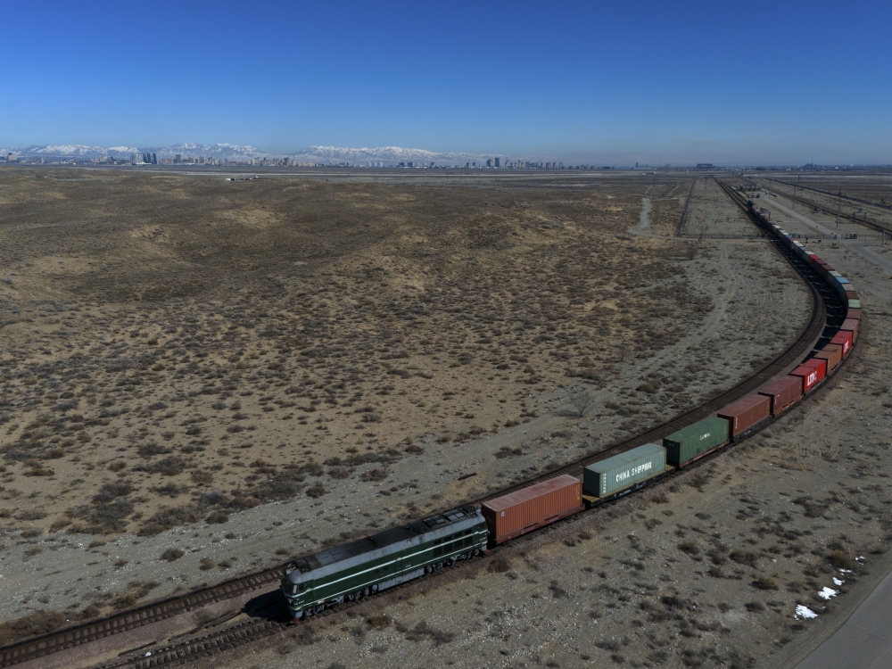 A freight train carrying containers from China crossing the Kazakh border in Khorgos, Kazakhstan, March 18, 2024.  (Chang W. Lee/The New York Times)