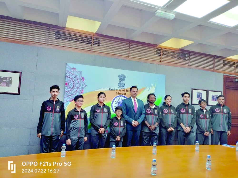 Student members met with Amit Narang, Indian Ambassador to Oman, before they left for the Dojo World tourney in the US.