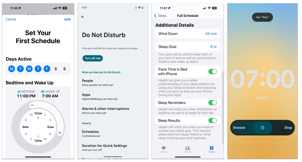 In undated images from Apple and Google, from left, the iOS Sleep Schedule screen, Android's Do Not Disturb controls, the sleep settings in the iOS Health app and a morning alarm on an Android phone. (Apple;Google via The New York Times)
