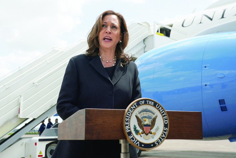 U.S. Vice President Kamala Harris speaks as she departs to return to Washington, at George Bush Intercontinental Airport in Houston. — Reuters file photo