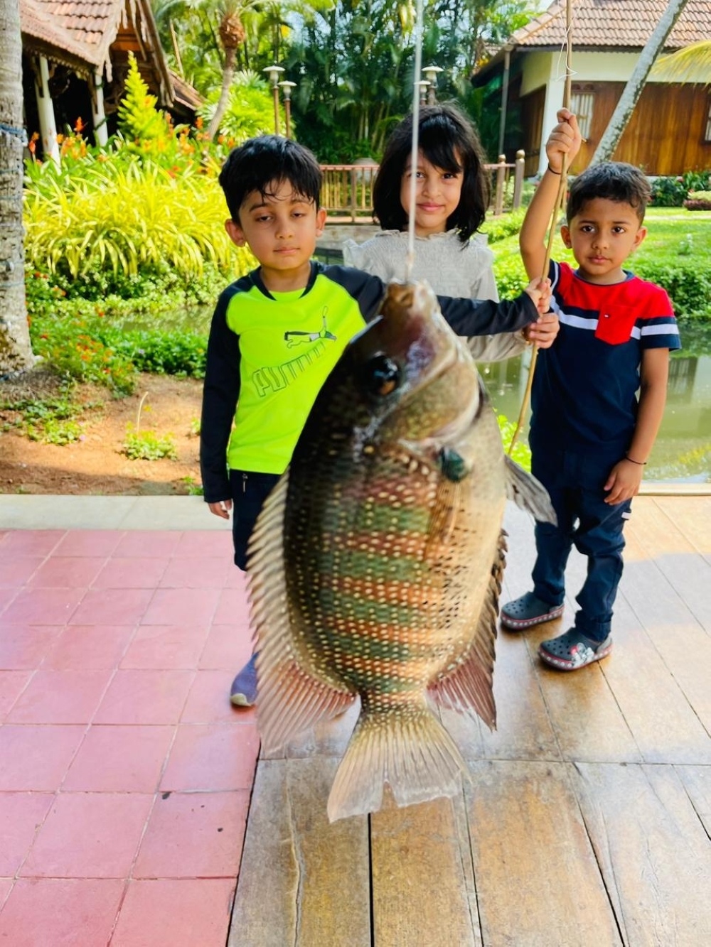 Children enjoy playing with the Pearl spot fish at the Kumarakom Lake Resort