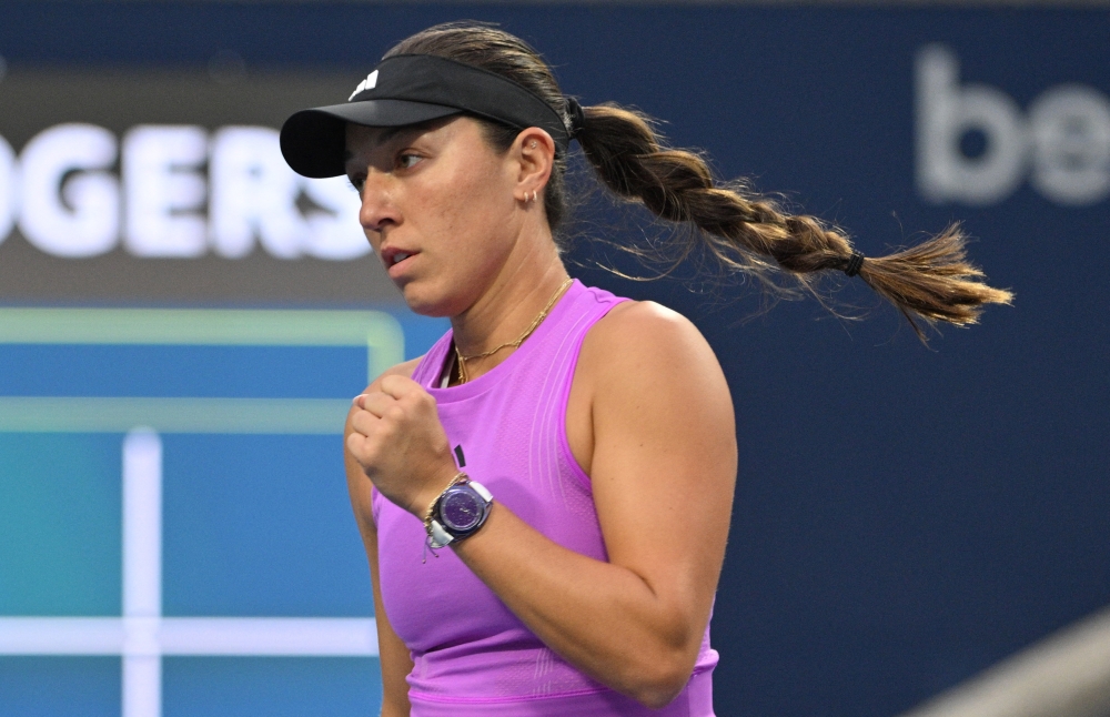 Aug 10, 2024; Toronto, Ontario, Canada;  Jessica Pegula (USA) celebrates after winning a point against Peyton Stearns (USA, not shown) during quarter finals at Sobeys Stadium. Mandatory Credit: Dan Hamilton-USA TODAY Sports
