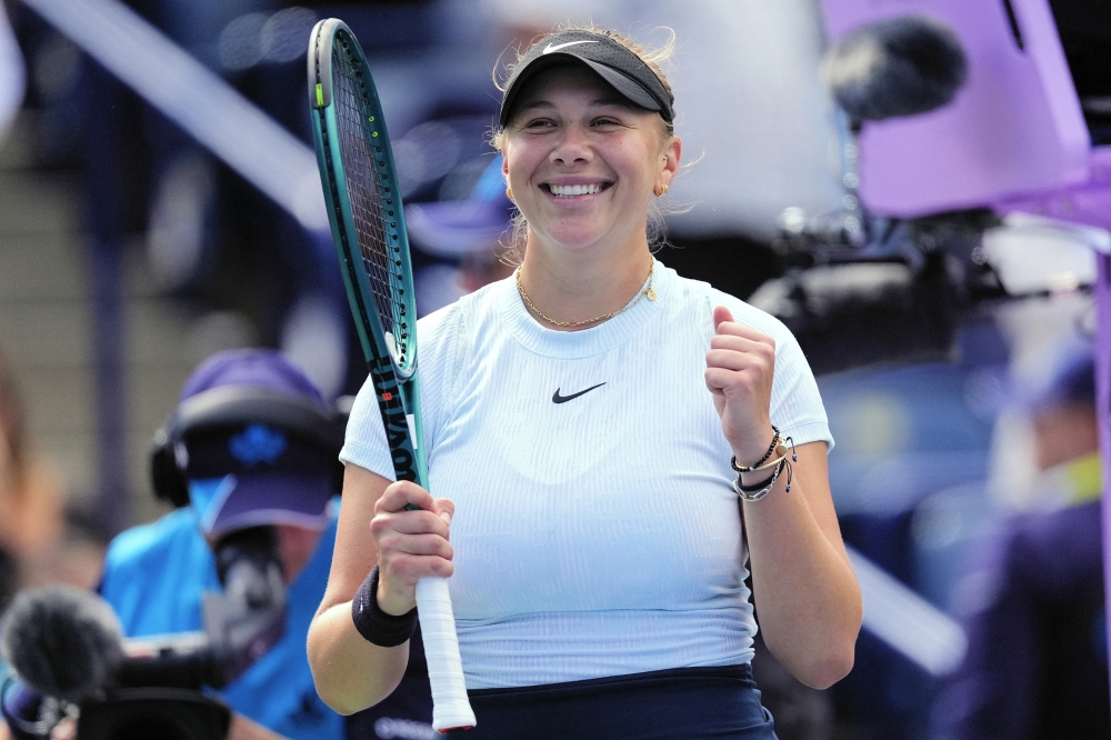 Aug 11, 2024; Toronto, Ontario, Canada; Amanda Anisimova (USA) reacts after defeating Emma Navarro (not pictured) in their semi-final match at Sobeys Stadium. Mandatory Credit: John E. Sokolowski-USA TODAY Sports

