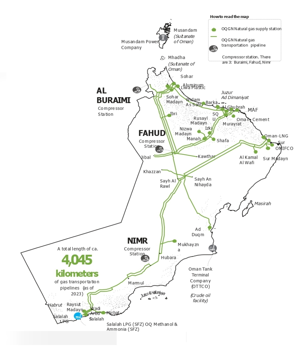 OQGN manages 4,045 kms of gas pipelines, along with three compressor stations and 29 gas supply stations.