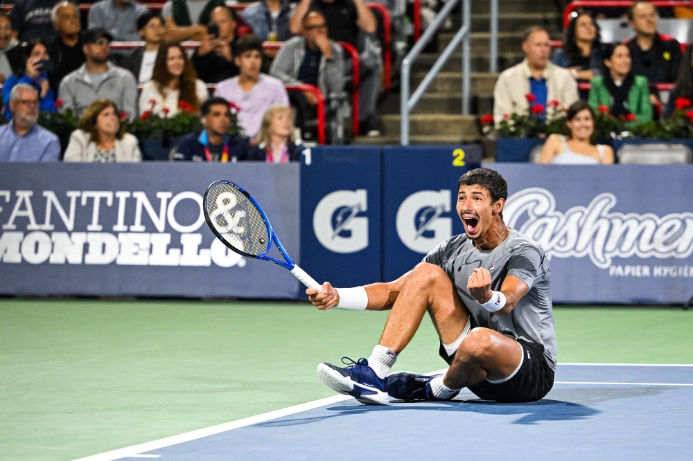 Aug 12, 2024; Montreal, Quebec, Canada; Alexei Popyrin (AUS) reacts after his win of the singles final at IGA Stadium. Mandatory Credit: David Kirouac-USA TODAY Sports
