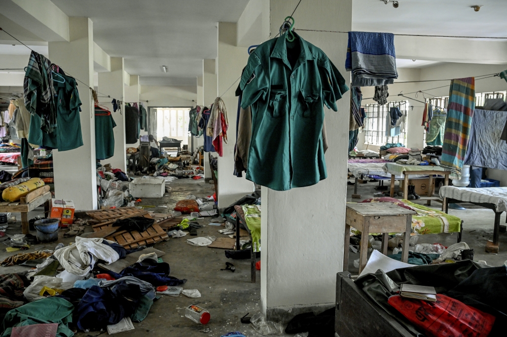 Police uniforms hang in an abandoned police station in Dhaka, Bangladesh, on Aug. 11, 2024. (Atul Loke/The New York Times)