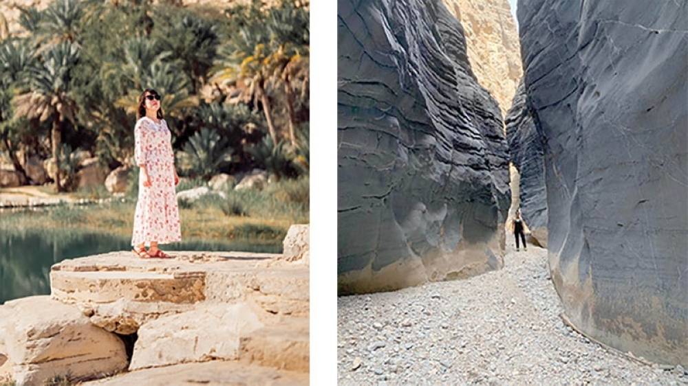 Vyn Tam enjoying Wadi Bani Khalid; Dale Pereira exploring Oman's canyon