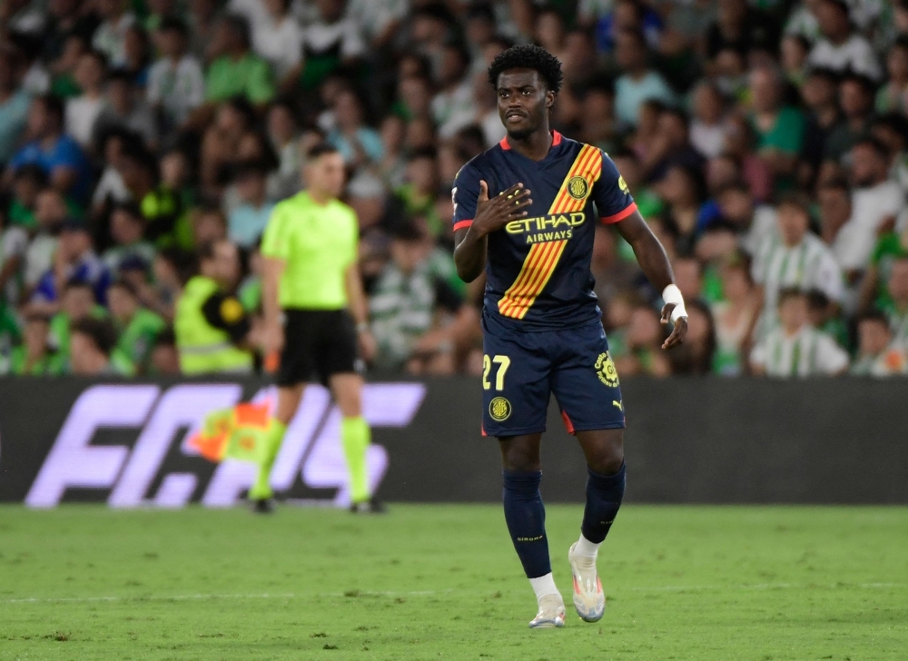 Gabriel Misehouy celebrates scoring his team's first goal during the Spanish league football match between Real Betis and Girona FC 