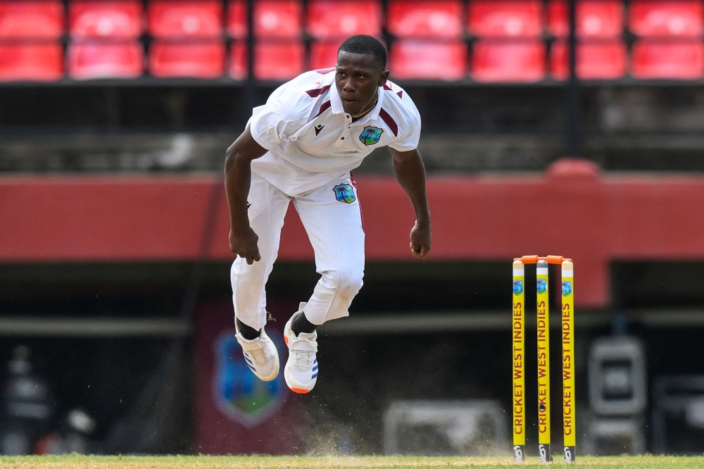 Shamar Joseph of West Indies bowls during Day 1 of the 2nd Test match between West Indies and South Africa at Guyana National Stadium in Providence
