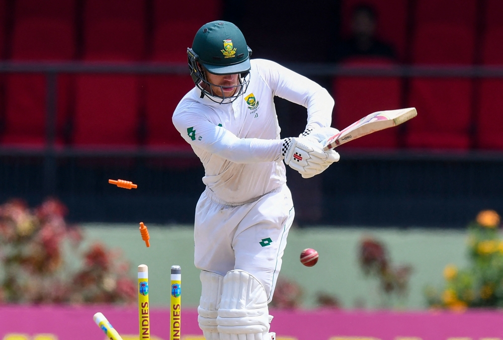 Kyle Verreynne of South Africa is bowled by Shamar Joseph of West Indies during Day 1 of the 2nd Test match