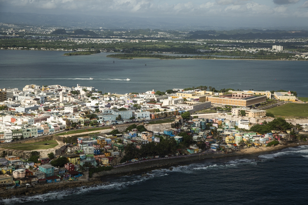 An aerial view of La Perla and Old San Juan neighborhoods of San Juan, Puerto Rico.