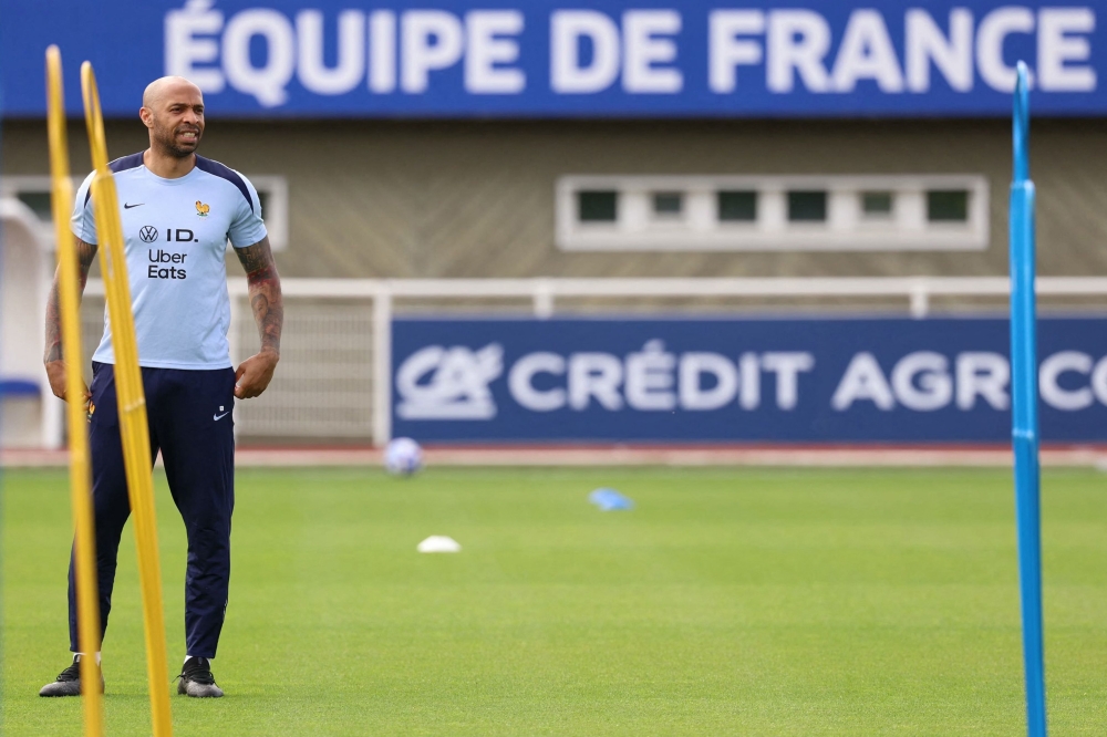 French football Olympics 2024 coach Thierry Henry takes part in a training session at the National football center 