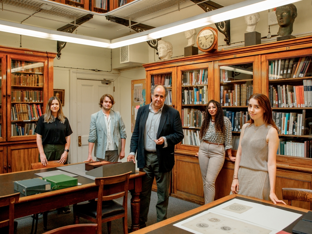 Members of the British Museums recovery team, from left: Alex Watson Jones, Ollie Croker, Thomas Harrison, Sara Aly and Paloma Ley inside the Greek and Rome department at the museum in London on Aug. 16, 2024. (Sam Bush/The New York Times)