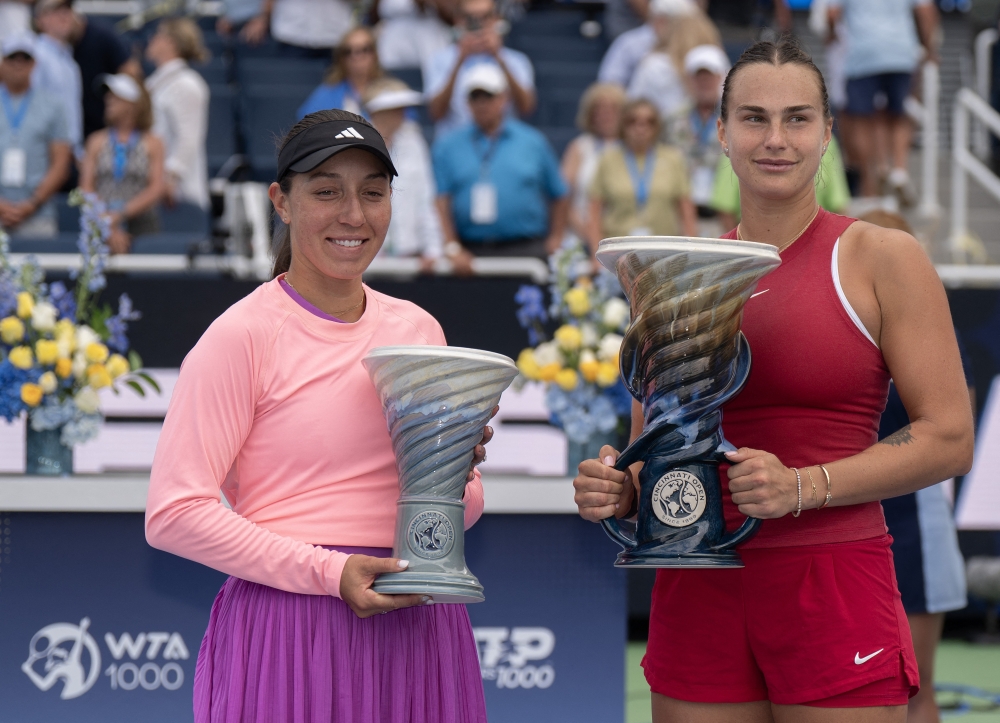 Aryna Sabalenka poses with the Rookwood Cup after winning the women singles final against Jessica Pegula of the United States on day seven of the Cincinnati Open.