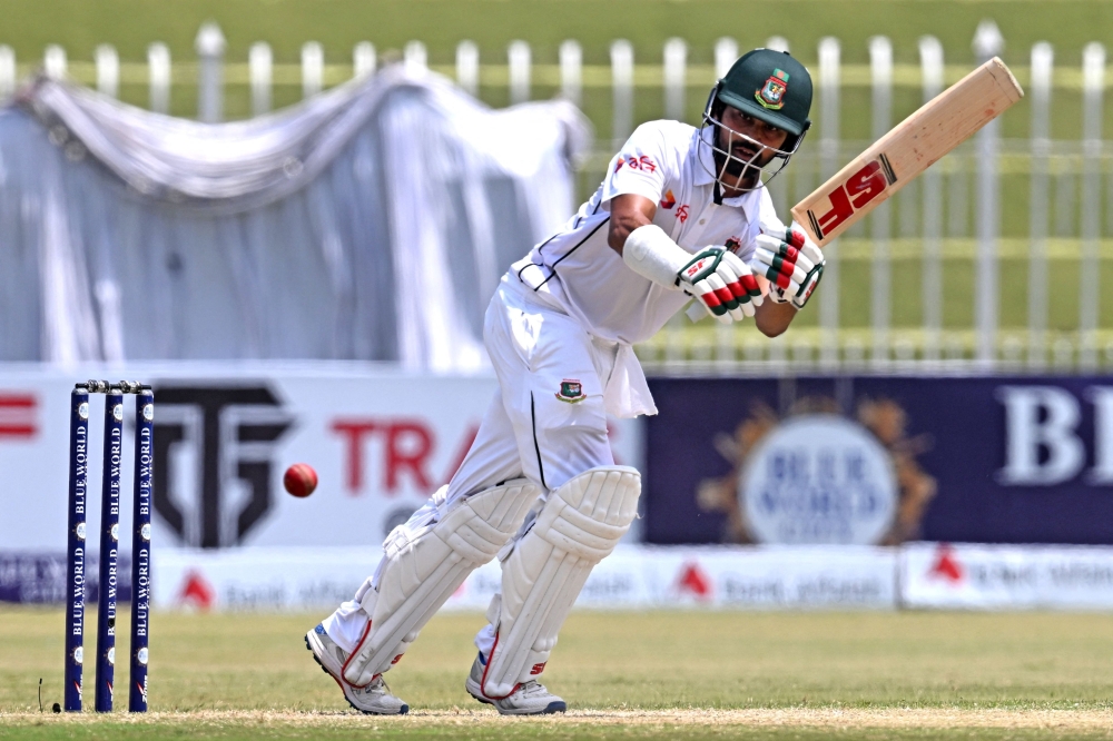 Bangladesh's Shadman Islam plays a shot during the third day of first Test cricket match between Pakistan and Bangladesh at the Rawalpindi Cricket Stadium 