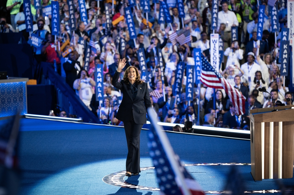 Vice President Kamala Harris, the Democratic presidential nominee, arrives to speak on the fourth day of the Democratic National Convention at the United Center in Chicago, on Thursday, Aug. 22, 2024. (Haiyun Jiang/The New York Times)