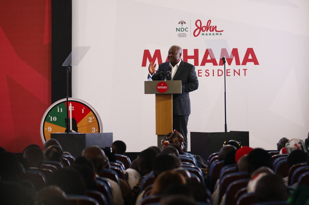 Former Ghana president and presidential candidate for the National Democratic Congress (NDC) John Dramani Mahama speaks during the party's manifesto's launch, in Winneba, Ghana. — AFP