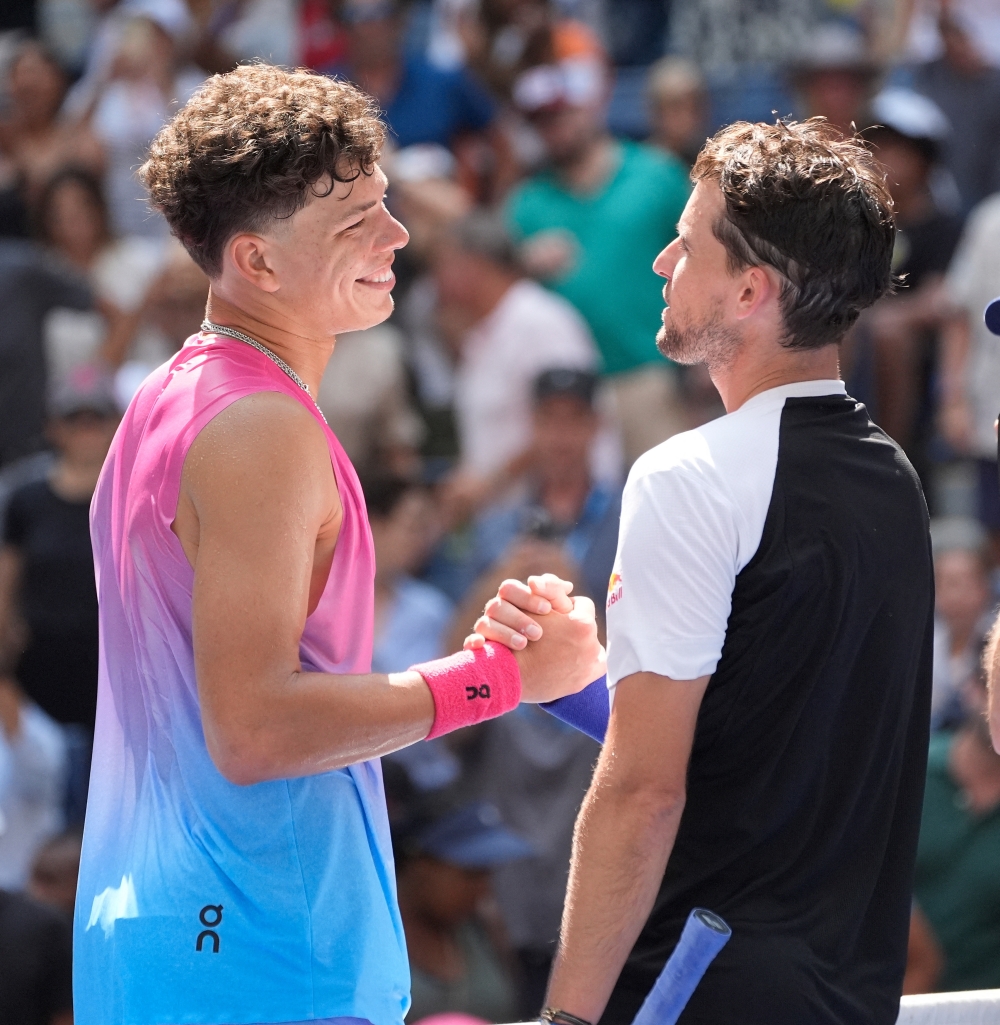 Aug 26, 2024; Flushing, NY, USA; Ben Shelton of the USA after beating Dominic Thiem of Austria on day one of the 2024 U.S. Open tennis tournament at USTA Billie Jean King National Tennis Center. Mandatory Credit: Robert Deutsch-USA TODAY Sports