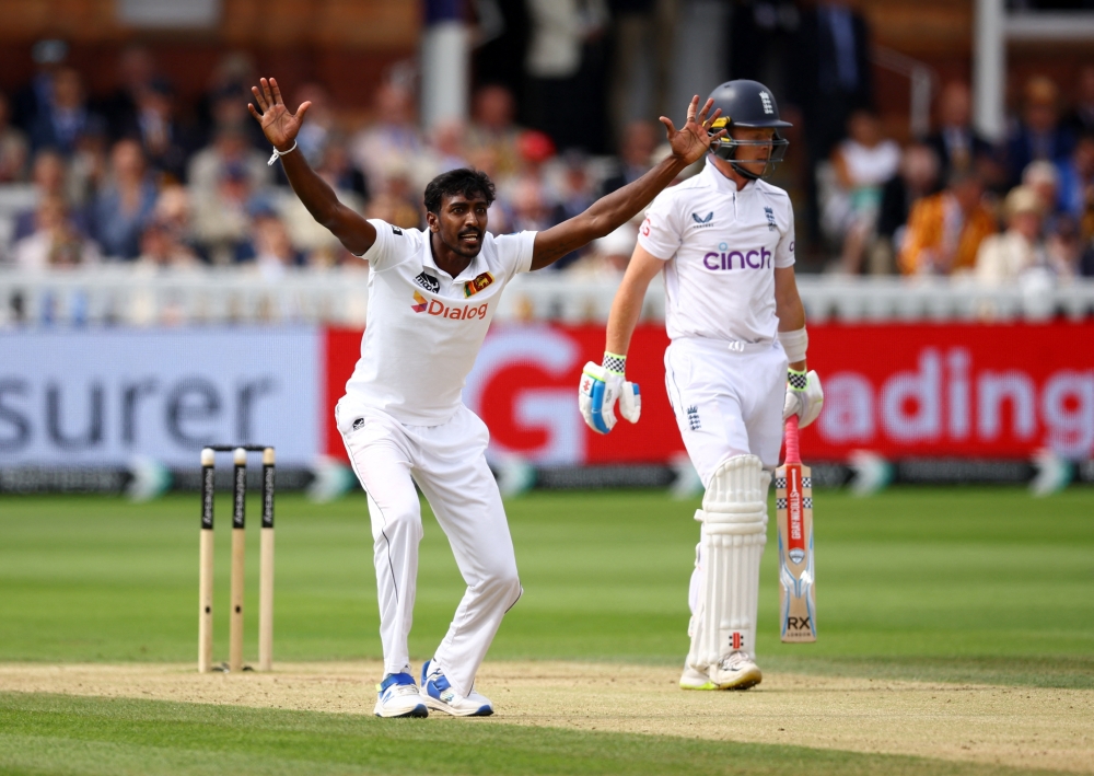  Sri Lanka's Milan Rathnayake appeals unsuccessfully for the wicket of England's Ollie Pope Reuters

