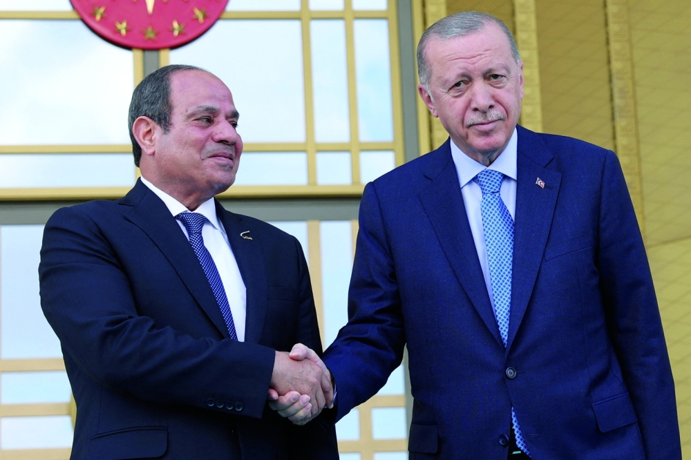 Turkey’s President Tayyip Erdogan welcomes Egyptian President Abdel Fattah al Sisi in Ankara. — Reuters