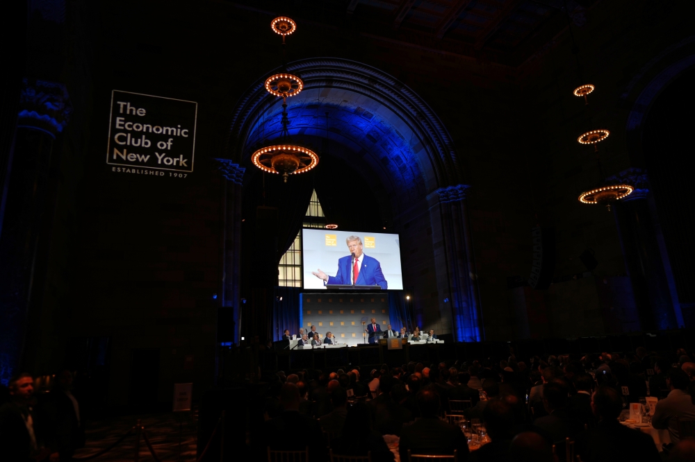 Former President Donald Trump, the Republican nominee for president, speaks at the Economic Club of New York in Manhattan on Thursday, Sept. 5, 2024. (Doug Mills/The New York Times)