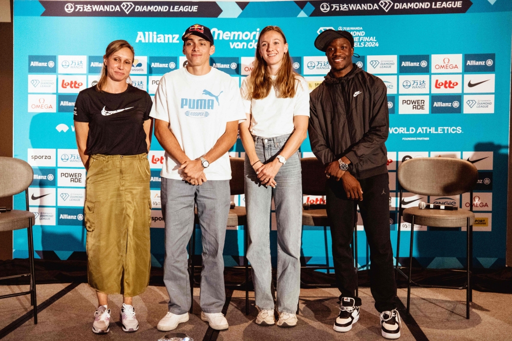 (From L) Former Belgian athlete Kim Gevaert, Sweden's pole vaulter Armand Mondo Duplantis, Netherlands' sprinter Femke Bol and Botswana's sprinter  Letsile Tebogo (R) pose for a picture on the eve of the finals of the Diamond League 