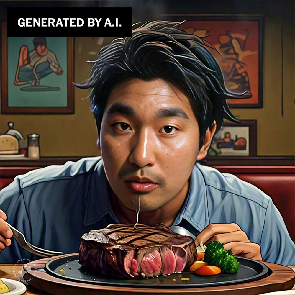 A handout image generated by AI and provided by Meta shows Brian X. Chen eating steak.