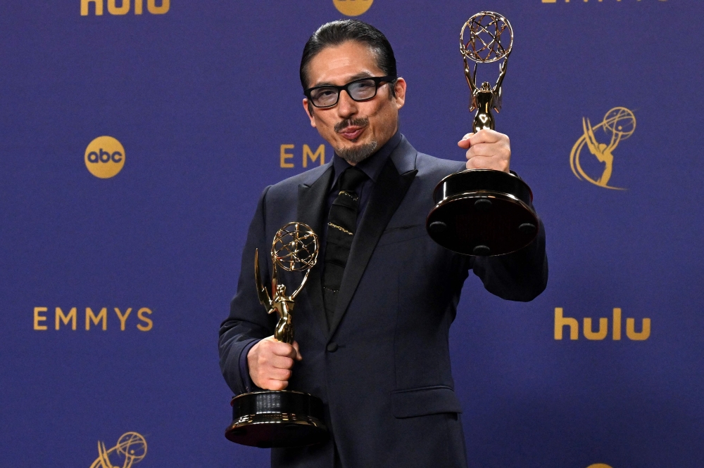 TOPSHOT - Japanese actor Hiroyuki Sanada winner of the Outstanding Lead Actor in a Drama Series award for "Shogun" poses in the press room during the 76th Emmy Awards at the Peacock Theatre at L.A. Live in Los Angeles on September 15, 2024. (Photo by Robyn Beck  / AFP)

