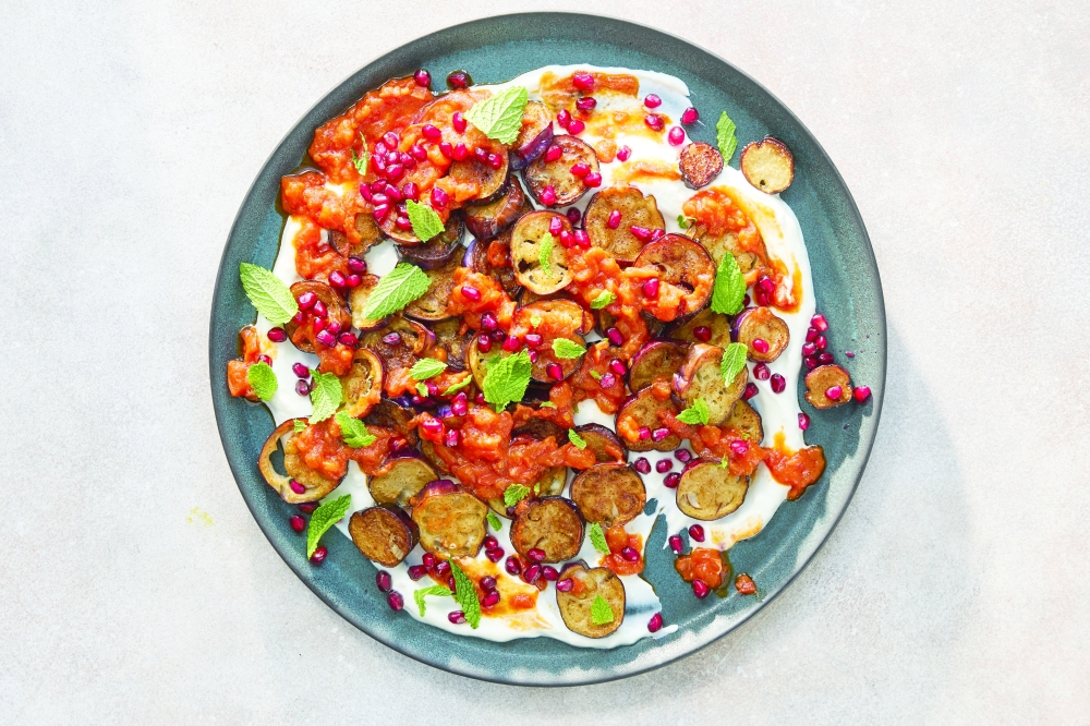 Zainab Shahs Afghan-style eggplant in yogurt. Food styled by Barrett Washburne 