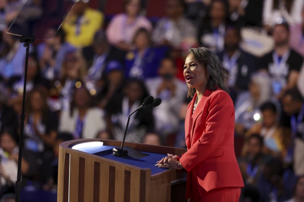 Rep. Lisa Blunt Rochester (D-Del.), a Senate candidate, speaks on the third day of the Democratic National Convention at the United Center in Chicago, Aug. 21, 2024. (Maddie McGarvey/The New York Times)
