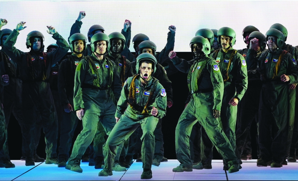 Mezzo-soprano Emily D’Angelo (C) in the role of Jess during a dress rehearsal for Jeanine Tesori's  and George Brant’s “Grounded” at the The Metropolitan Opera in New York City on September 19, 2024. New York's prestigious Metropolitan Opera will open its season Monday with "Grounded," a work that explores technological evolutions of war against the backdrop of motherhood. Commissioned by the Met and based on a one-woman play by George Brant, the piece kicking off the opera's 2024-25 season first opened at the Washington National Opera last year.