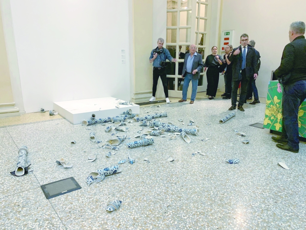 'Porcelaine Cube' by artist Ai Weiwei is pictured after being destroyed by a man during the opening exhibition, in Bologna, Italy, September 20, 2024. 