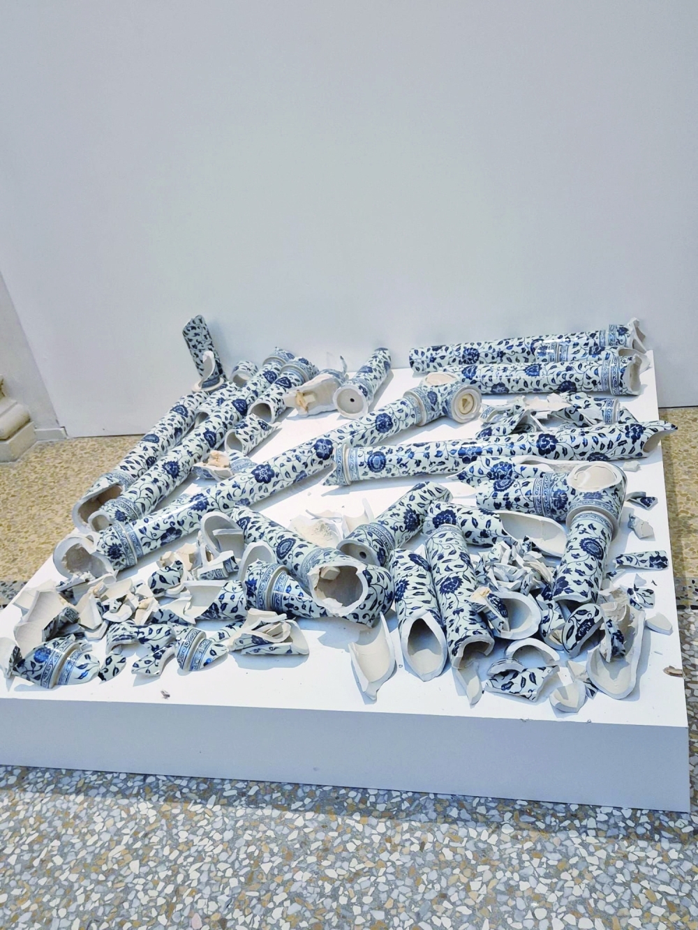 'Porcelaine Cube' by artist Ai Weiwei is pictured after being destroyed by a man during the opening exhibition, in Bologna, Italy, September 20, 2024.