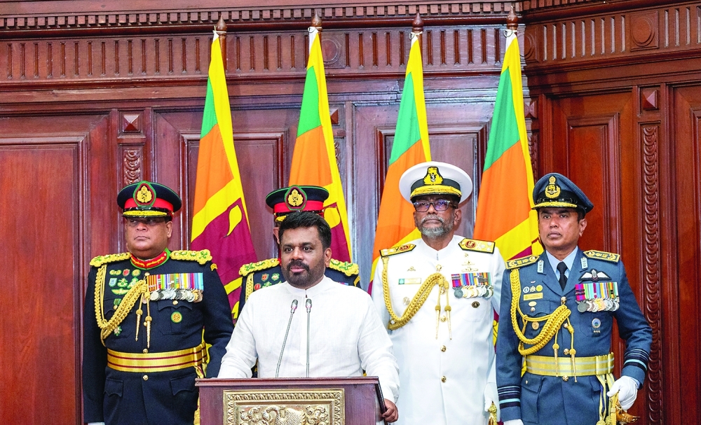 Sri Lanka's newly elected President Anura Kumara Dissanayake addresses a gathering after taking his oath of office at the Presidential Secretariat, in Colombo. — Reuters 