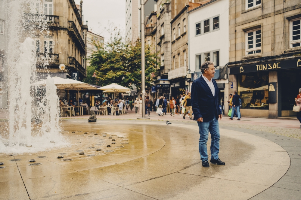 Mayor Miguel Anxo Fernandez Lores of Pontevedra, a city in northwest Spain, at a plaza downtown, Sept. 9, 2024. .  (Matilde Viegas/The New York Times)