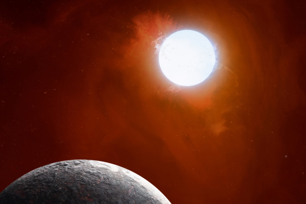 A conceptual illustration of a rocky planet orbiting a white dwarf star. 