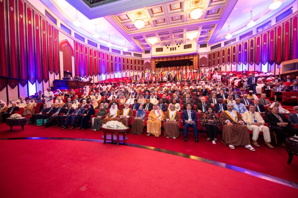 Shaikh Abdulmalik bin Abdullah al Khalili, Chairman of the State Council, Dr Madeeha bint Ahmed al Shaibaniyah, Minister of Education, other dignitaries at the ICESCO conference in Al Bustan Palace Hotel on Wednesday.
