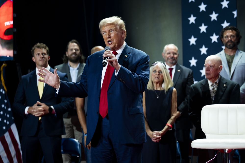 Former President Donald Trump, the Republican nominee for president, speaks during a town hall-style campaign event at the Crown Complex in Fayetteville, N.C., on Friday, Oct. 4, 2024. (Doug Mills/The New York Times)
