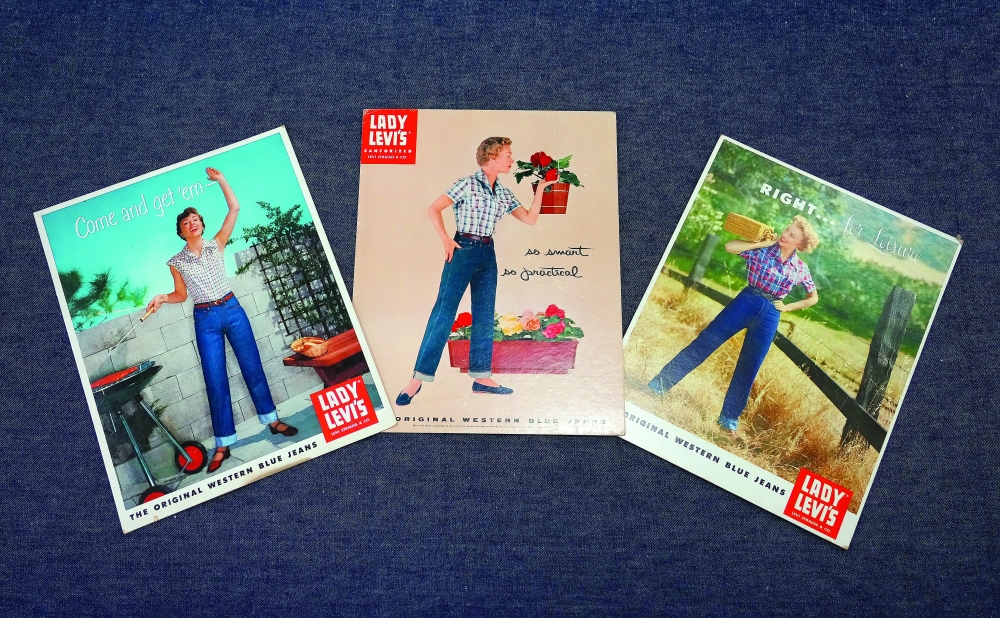 A series of vintage-style advertisements showing illustrations of women wearing Levis jeans in San Francisco on Sept. 30, 2024.