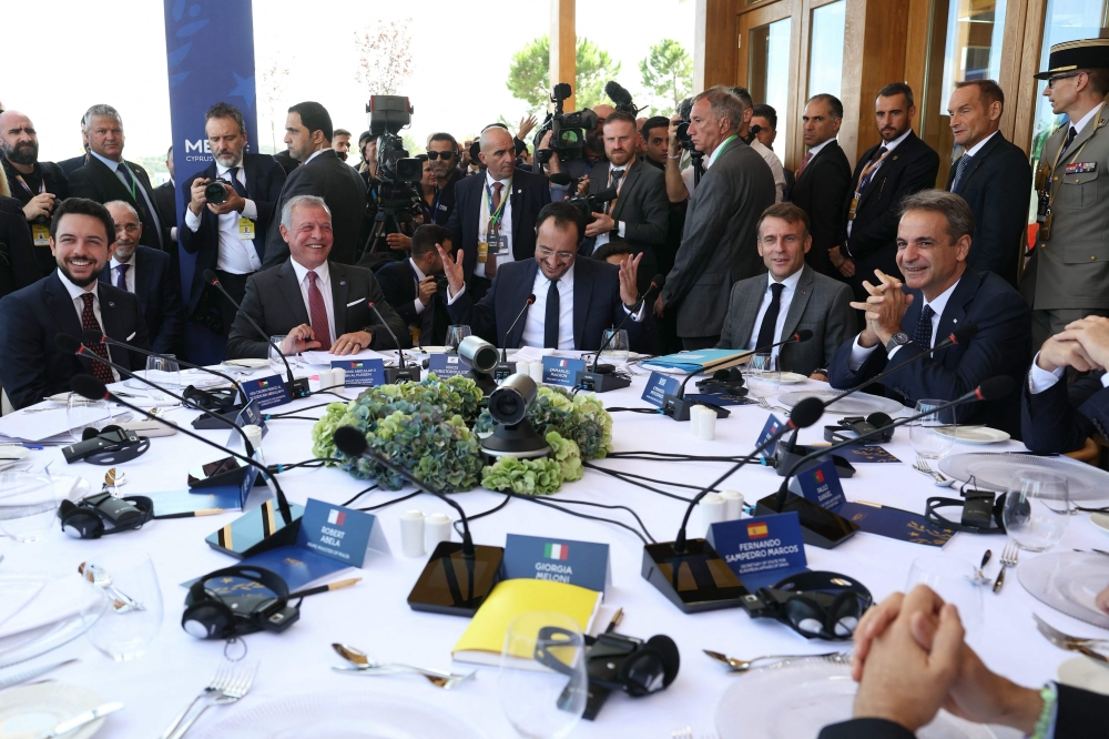 Jordan's Crown Prince Hussein, Jordan's King Abdullah II, Cyprus' President Nikos Christodoulides, France's President Macron and Greece's Prime Minister Mitsotakis 