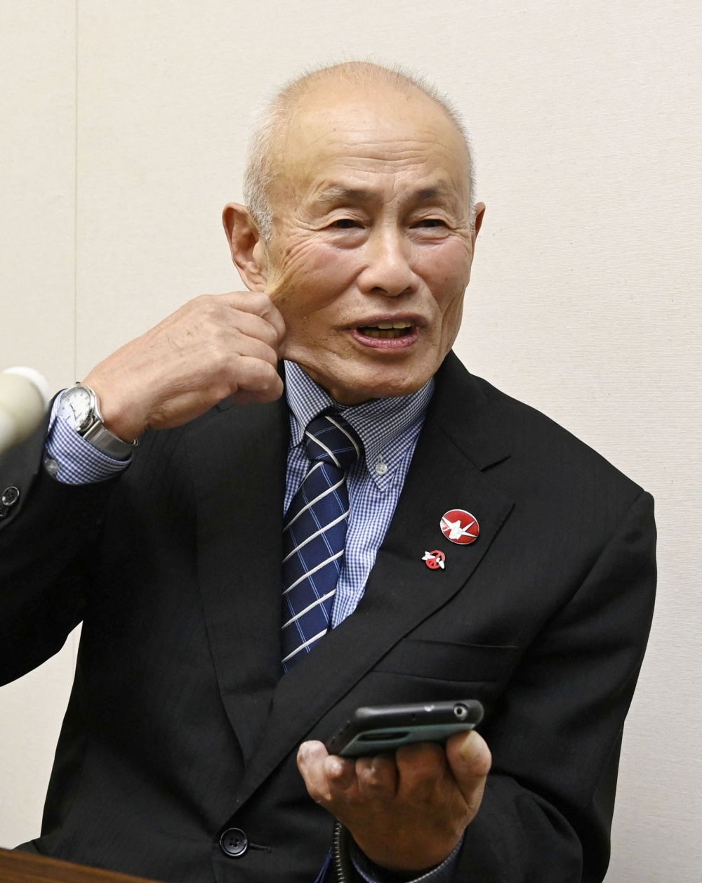 Nihon Hidankyo co-chair Toshiyuki Mimaki attends a press conference in Hiroshima  
