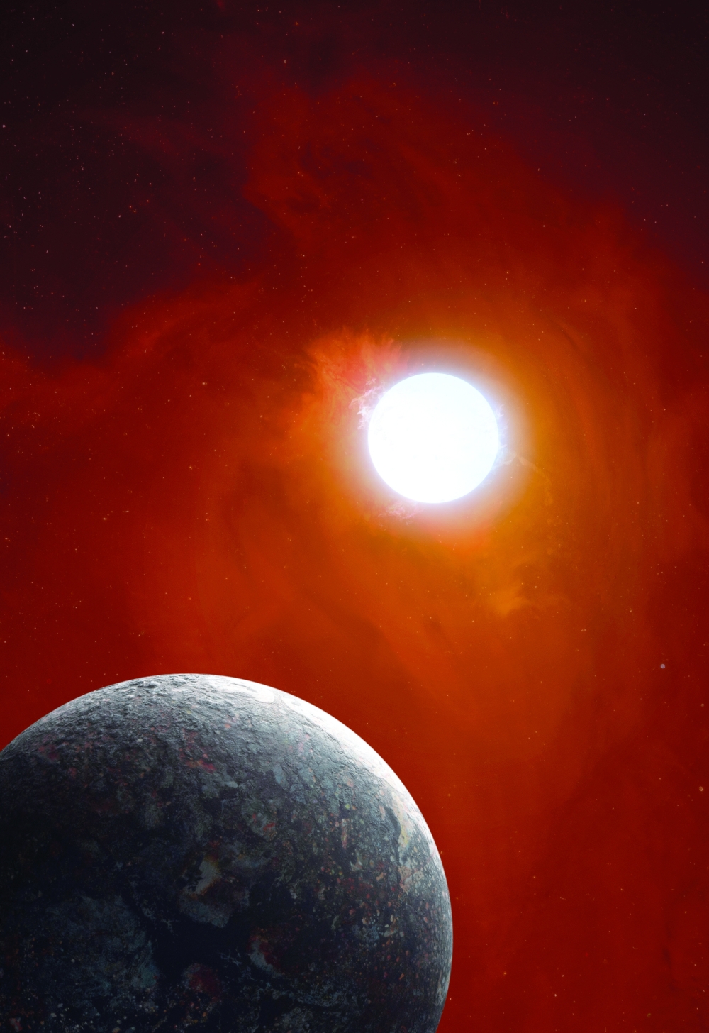 A conceptual illustration of a rocky planet orbiting a white dwarf star.