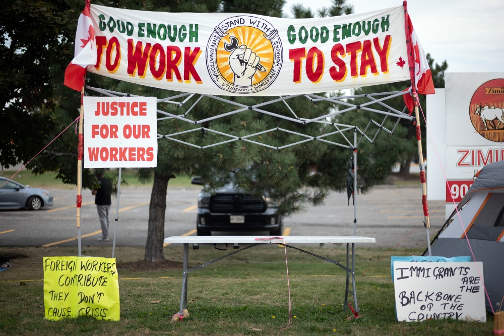 The Post-Graduate Work Permit activist encampment, in Brampton, Canada, Friday, Sept. 20, 2024..(Ian Willms/The New York Times)