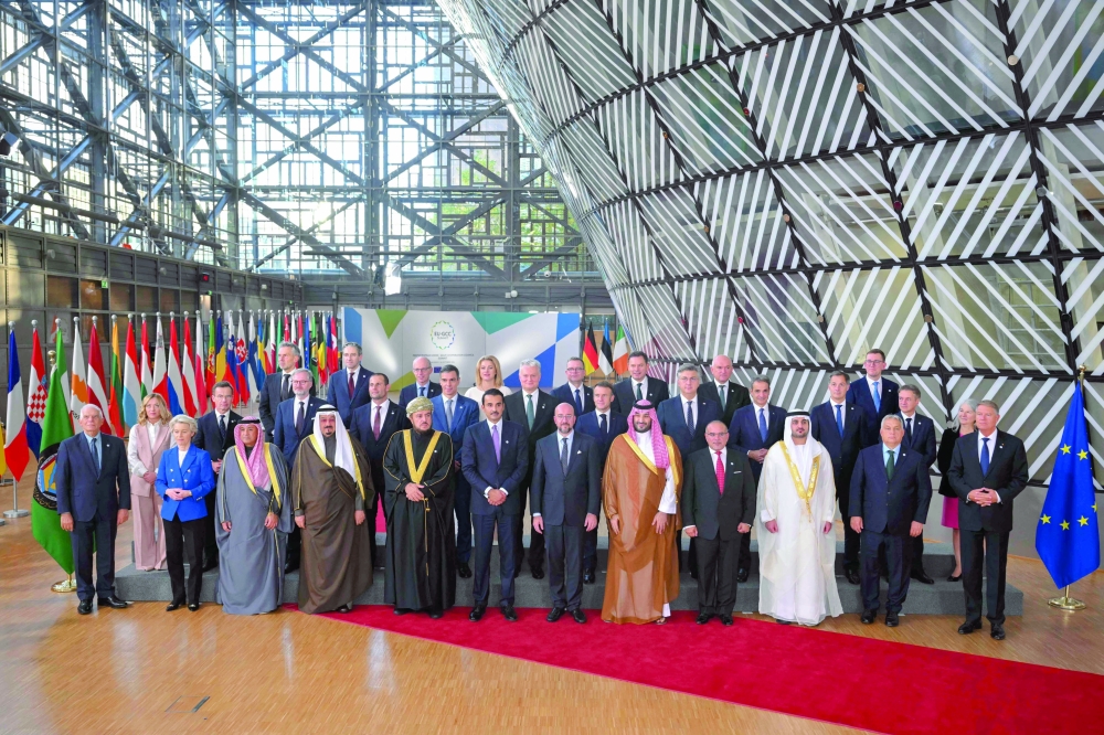 Leaders pose for a group photo in Brussels on Wednesday. — AFP