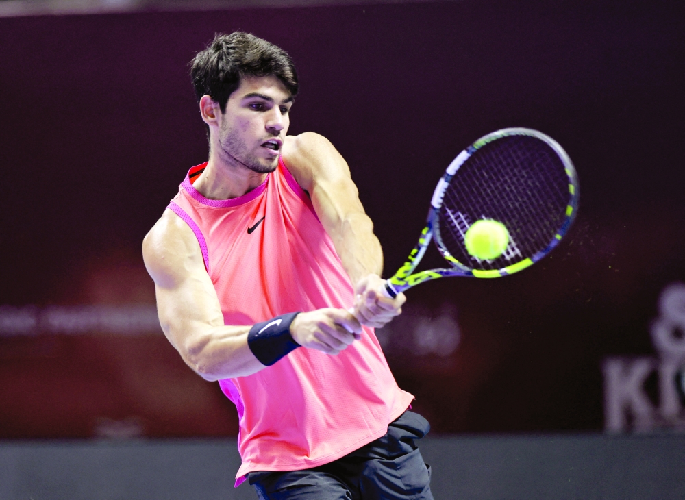 Spain's Carlos Alcaraz in action during his semifinal match against Spain's Rafael Nadal 