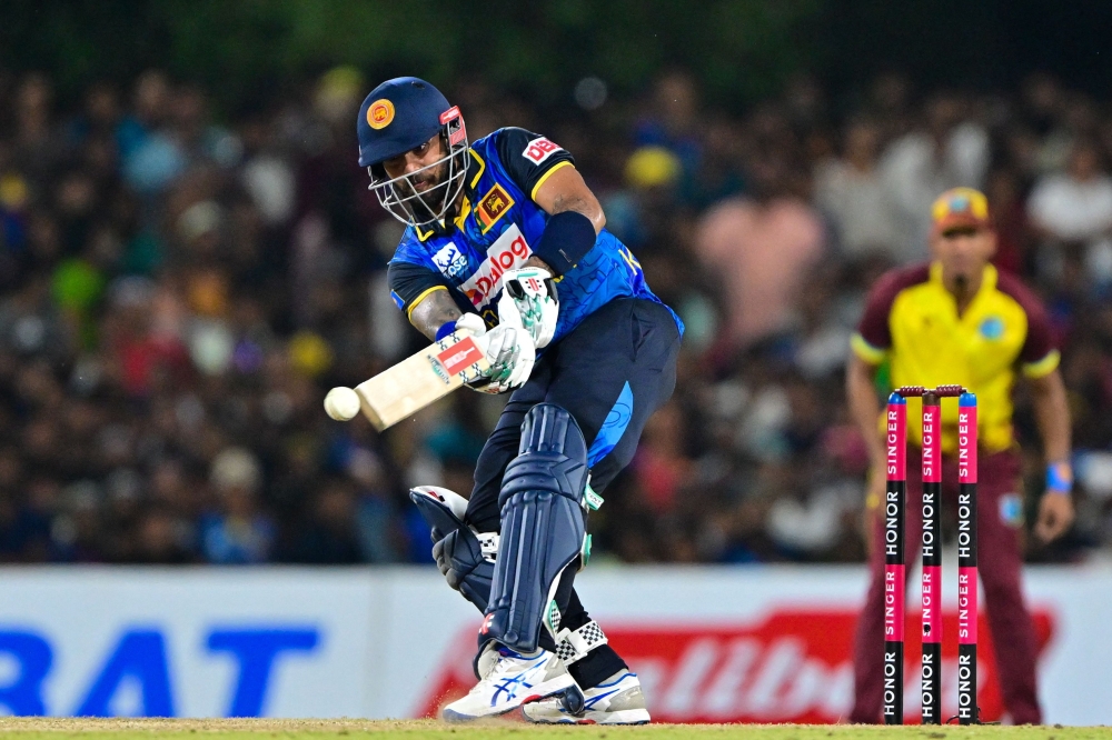 Sri Lanka's Kusal Mendis plays a shot during the third and final Twenty20 international cricket match between Sri Lanka and West Indies 