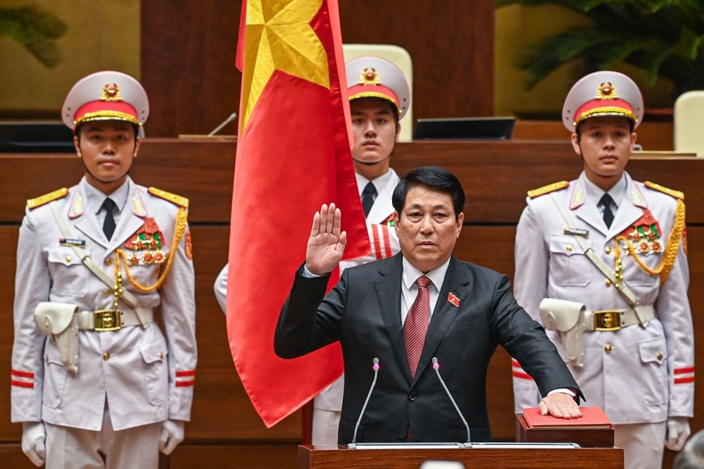 Vietnam's Luong Cuong takes his oath as Vietnam's President at the National Assembly, in Hanoi. — AFP 